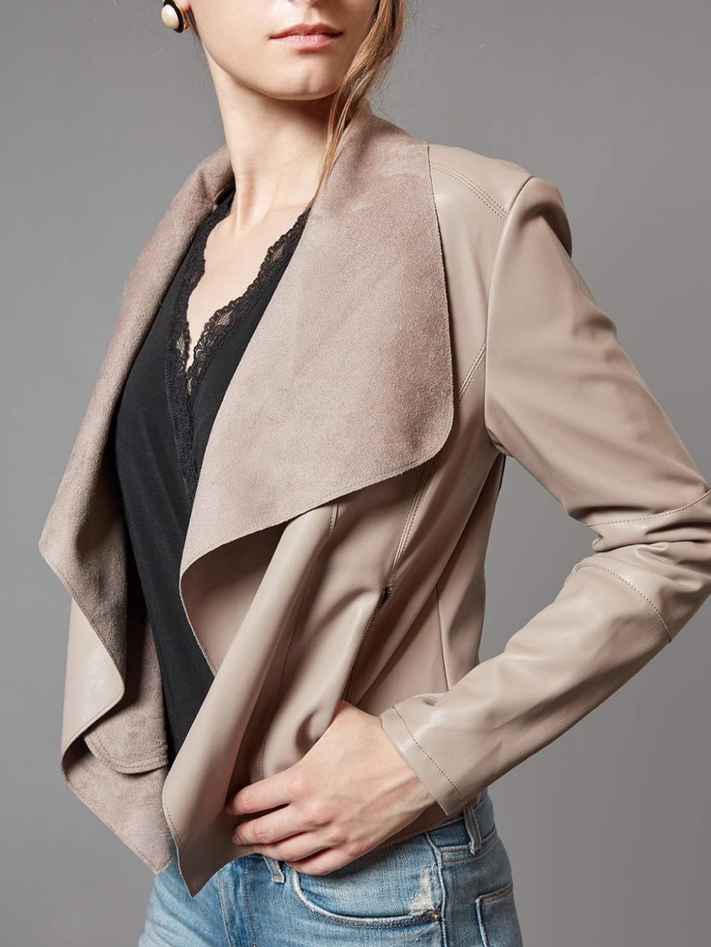 Taupe Draped Faux-Leather Jacket - Women